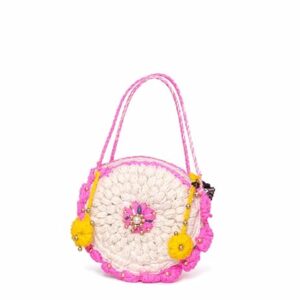 Handcrafted Crochet Round Sling Bag for Girls, Cream and Pink, Floral Embellished, with Beads and Pearl Accents