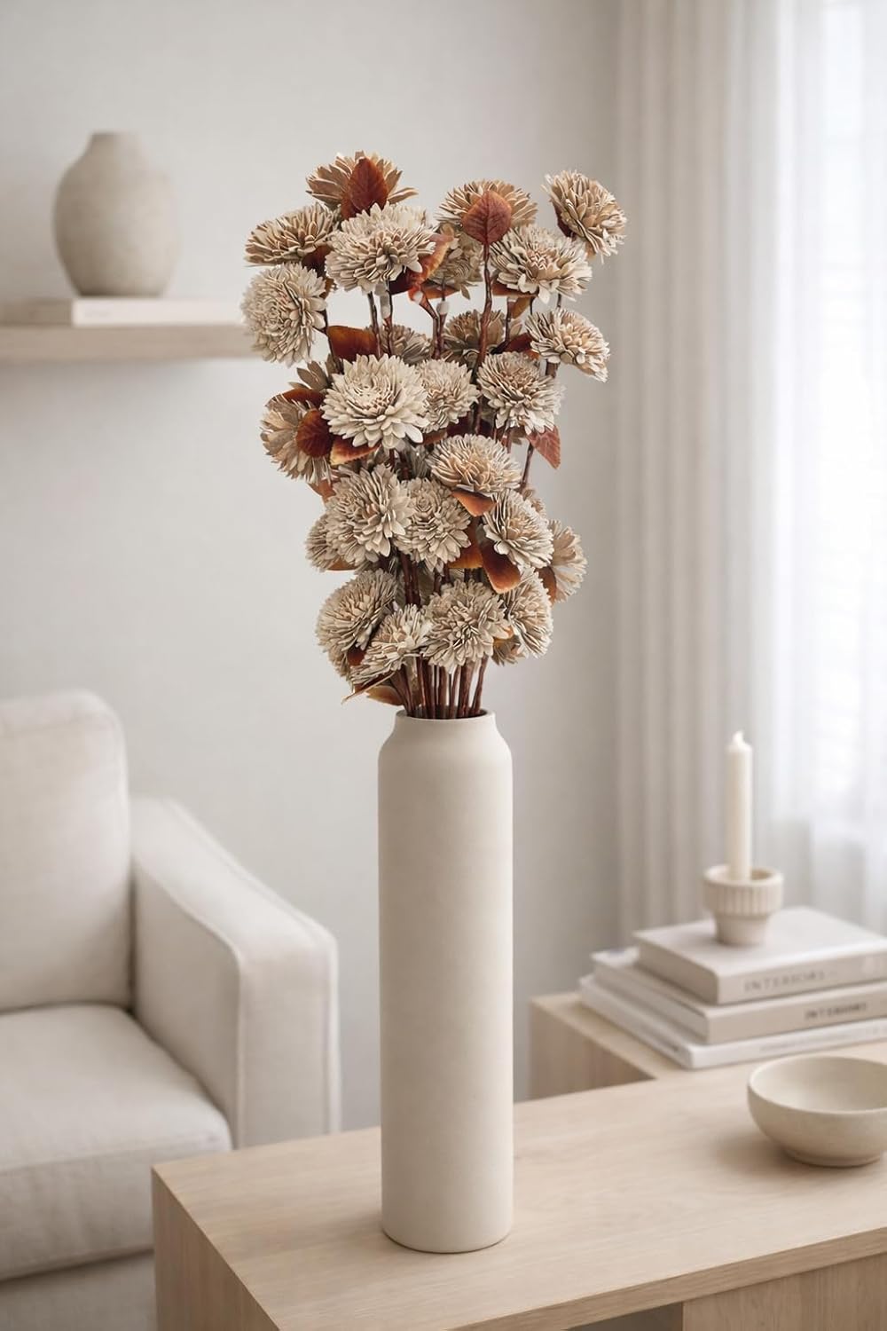 Handcrafted Sola Wood Artificial Flower Zinia Bouquet – Natural Decorative Flowers for Home Decor, Wedding & Vase Decoration (Available in Multicolour Variations) (Natural)