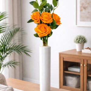 Artificial Rose Stick Flower Stems – Decorative Faux Roses with Leaves for Home Decor, Vase Arrangement & Craft Decoration (Orange)