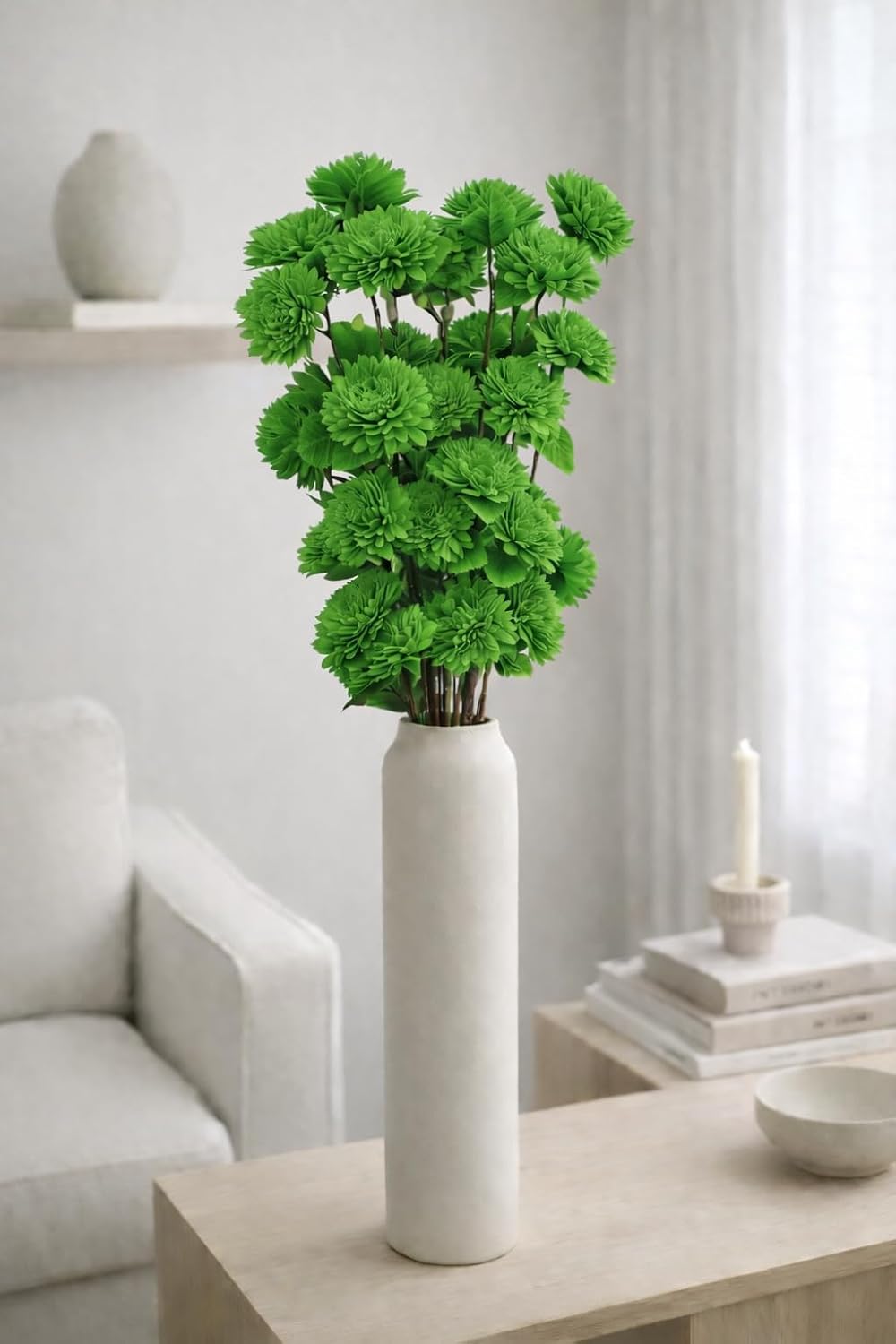 Handcrafted Sola Wood Artificial Flower Zinia Bouquet – Natural Decorative Flowers for Home Decor, Wedding & Vase Decoration (Available in Multicolour Variations) (Green)