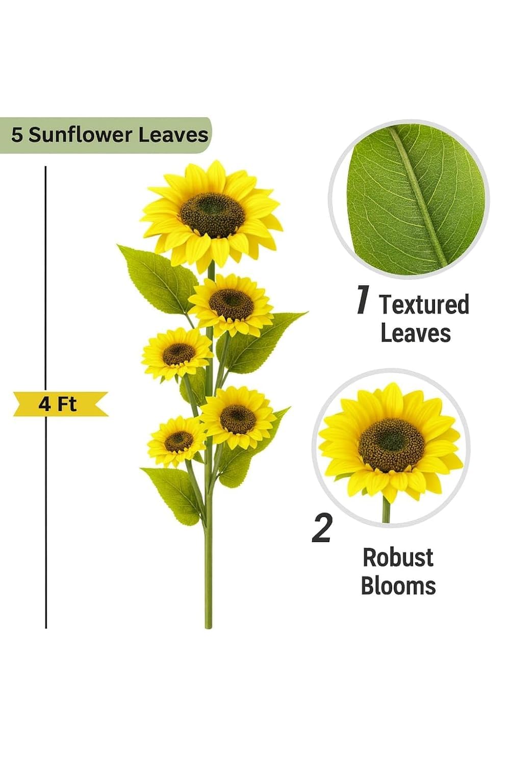 Kailash Handicrafts Artificial Sunflower with 5 Bloom on Stand | Realistic Yellow Faux Sunflower Plant for Home Décor, Office, Tabletop & Gifting (1 Pc) - Image 4