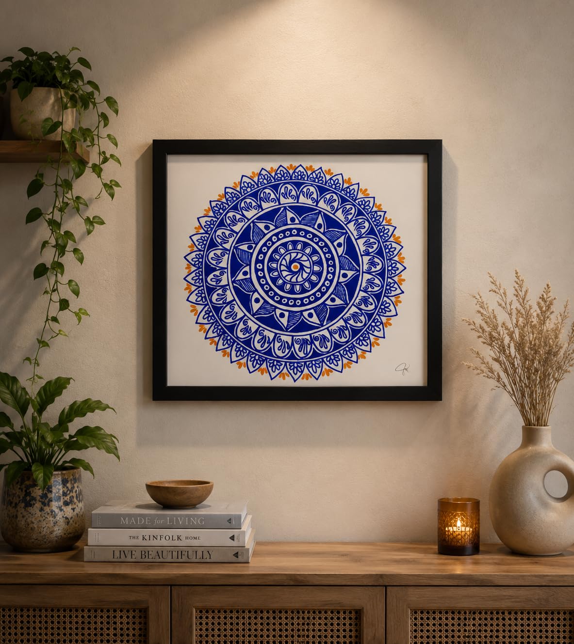 Framed Blue Mandala Wall Art – Minimalist Geometric Print for Modern Home Decor, Aesthetic Wall Hanging for Living Room & Office - Image 2