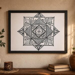 Generic Framed Mandala Wall Art – Black White Geometric Artwork, Boho Aesthetic Home Decor for Living Room, Bedroom, Office, Ready to Hang