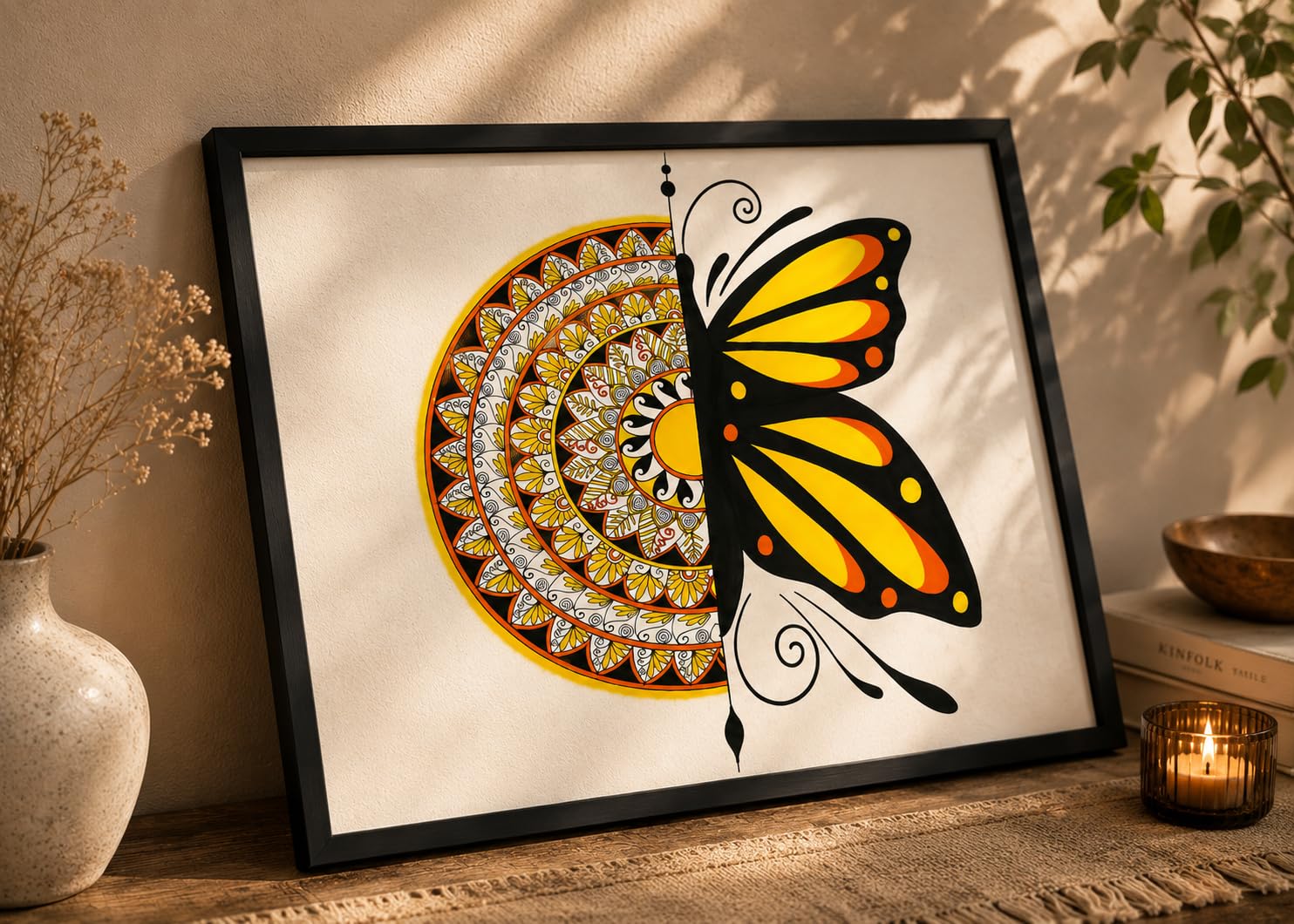 Butterfly Mandala Framed Art Print — A3 Wall Poster (42×29.5 cm) | Half Mandala Butterfly Design | Yellow & Black Boho Wall Décor | Ready to Hang | Frame Included - Image 4