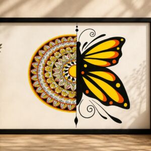 Butterfly Mandala Framed Art Print — A3 Wall Poster (42×29.5 cm) | Half Mandala Butterfly Design | Yellow & Black Boho Wall Décor | Ready to Hang | Frame Included
