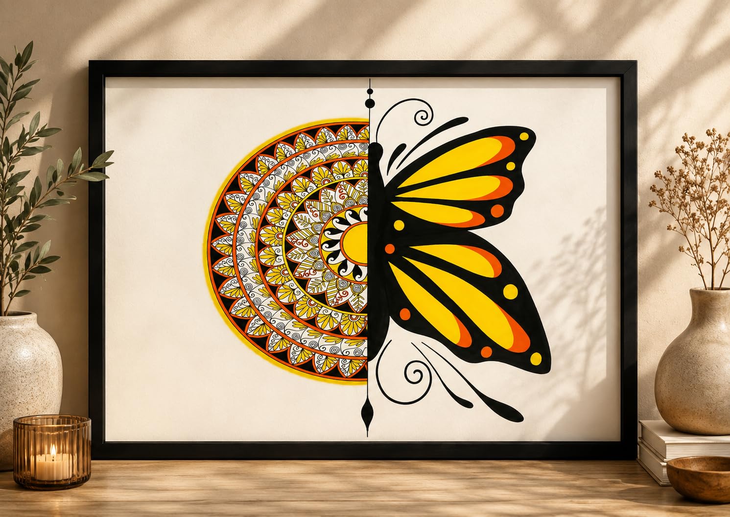 Butterfly Mandala Framed Art Print — A3 Wall Poster (42×29.5 cm) | Half Mandala Butterfly Design | Yellow & Black Boho Wall Décor | Ready to Hang | Frame Included