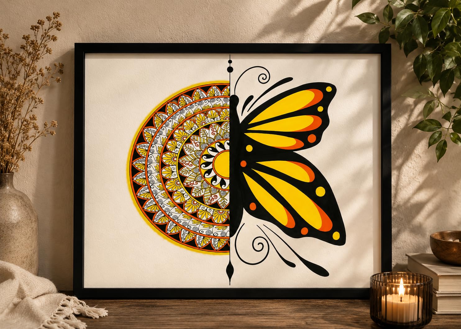 Butterfly Mandala Framed Art Print — A3 Wall Poster (42×29.5 cm) | Half Mandala Butterfly Design | Yellow & Black Boho Wall Décor | Ready to Hang | Frame Included - Image 3