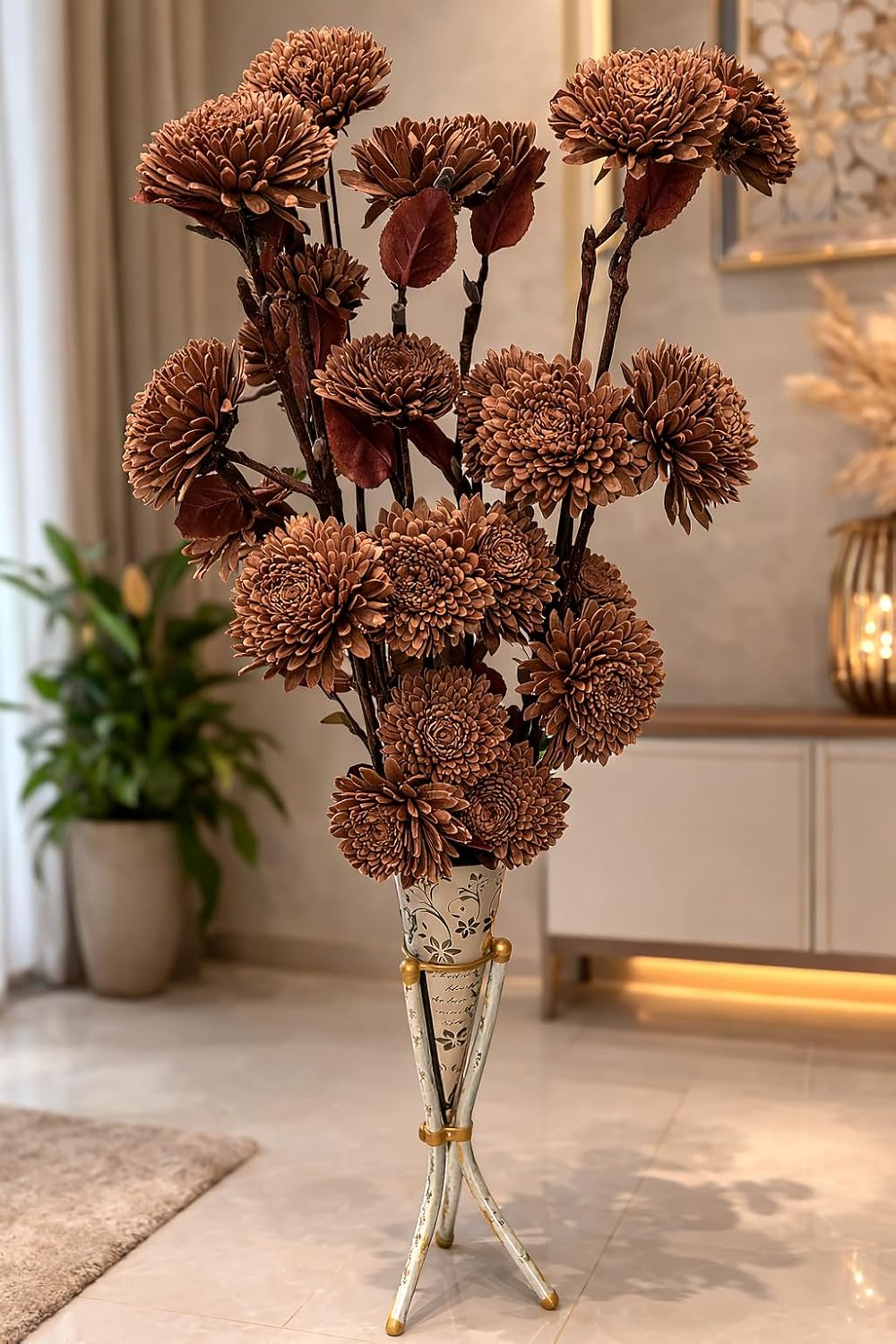 Handcrafted Sola Wood Artificial Flower Zinia Bouquet – Natural Decorative Flowers for Home Decor, Wedding & Vase Decoration (Available in Multicolour Variations) (Brown)