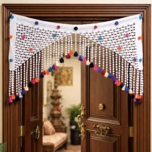 Handmade Crochet Door Toran with Colorful Pom Poms & Tassels | Decorative Bohemian Door Valance | Indian Home Décor Bandhanwar
