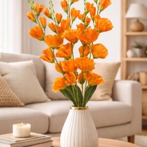 Artificial Red Gladiolus Flower Sticks for Home Décor (Set of 5 Stems, Without Vase) (Orange)
