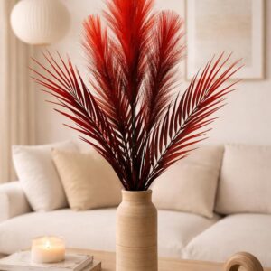 Artificial Pampas Grass Large Tall Fluffy Faux Bulrush Reed Grass for Home, Office, Living Room, Wedding, Party Decorations, Without Vase Pot. (Pack of 1) (Available in 7 Colours) (Red)