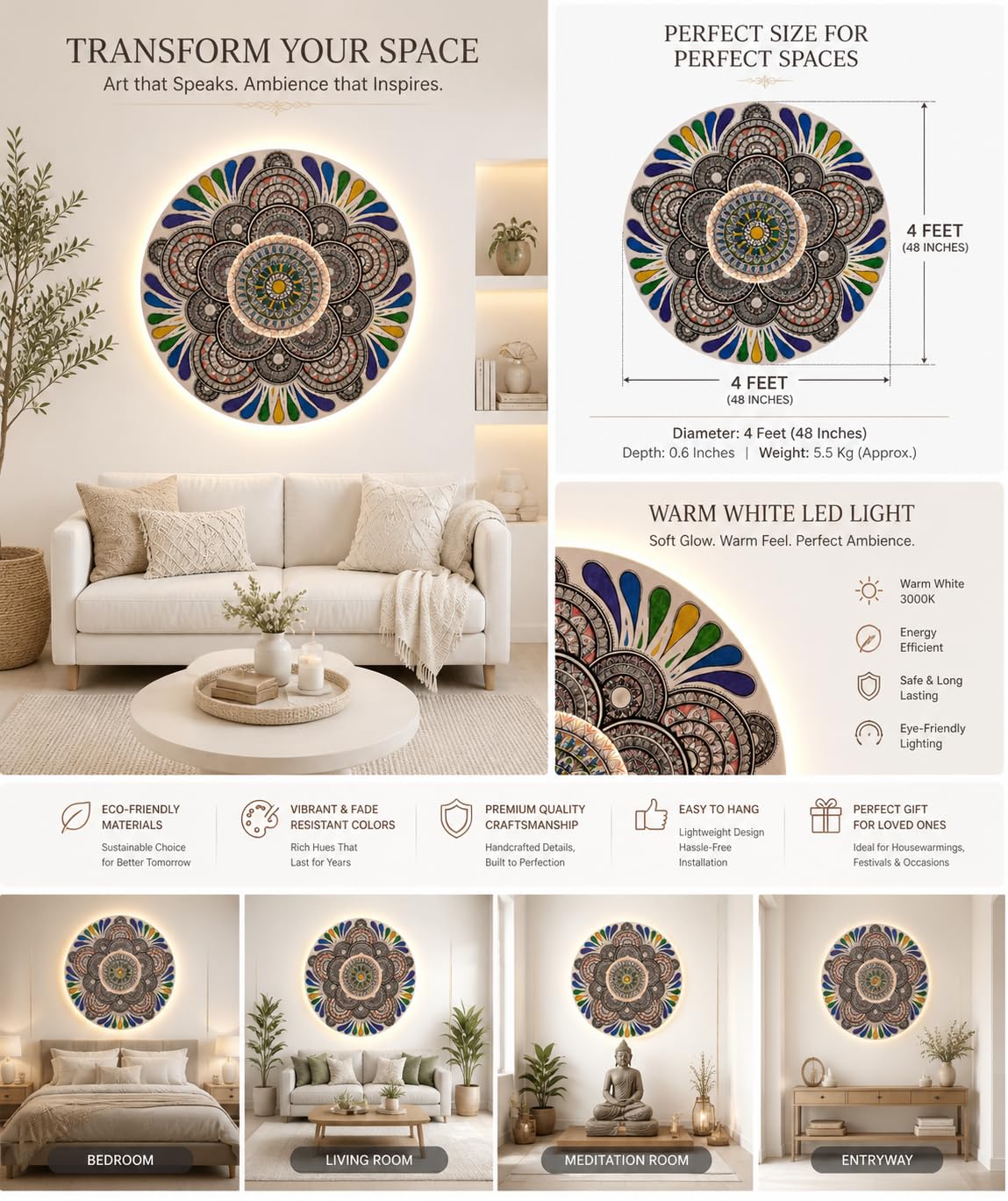 Luxury Handmade Mandala Wall Art with LED Backlight – Premium Wooden Circular Wall Decor | Aesthetic Home Decoration | Boho Spiritual Mandala Art for Living Room - Image 5