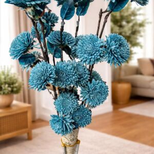 Handcrafted Sola Wood Artificial Flower Zinia Bouquet – Natural Decorative Flowers for Home Decor, Wedding & Vase Decoration (Available in Multicolour Variations) (Turkish Blue)