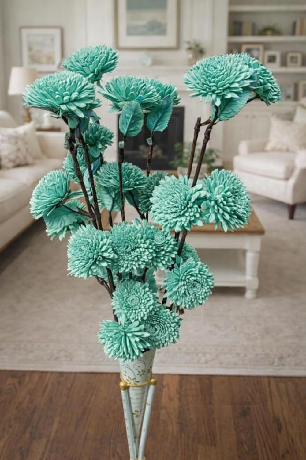Handcrafted Sola Wood Artificial Flower Zinia Bouquet – Natural Decorative Flowers for Home Decor, Wedding & Vase Decoration (Available in Multicolour Variations) (Aqua Green)