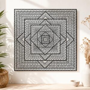 Original Hand-Drawn Mandala Wall Art | Black Ink Geometric Zentangle on Plywood | 62×62 cm | Boho Home Décor