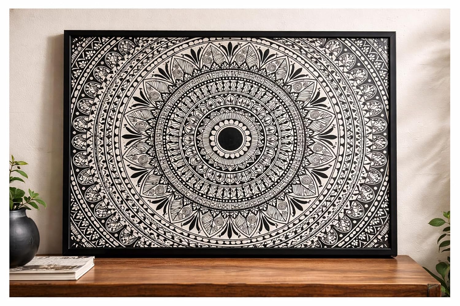 Large Hand-Drawn Mandala Wall Art Canvas – Black & White Intricate Boho Geometric Design Poster for Living Room, Bedroom, Meditation & Home Décor