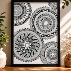 Black & White Mandala Art Print — A3 Wall Poster (42×29.5 cm) | Boho Zentangle Ink Drawing | Minimalist Home Décor