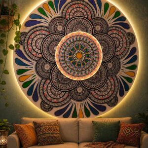 Luxury Handmade Mandala Wall Art with LED Backlight – Premium Wooden Circular Wall Decor | Aesthetic Home Decoration | Boho Spiritual Mandala Art for Living Room