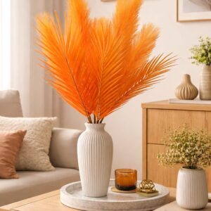 Artificial Pampas Grass Large Tall Fluffy Faux Bulrush Reed Grass for Home, Office, Living Room, Wedding, Party Decorations, Without Vase Pot. (Pack of 1) (Available in 7 Colours) (Orange)