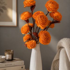 Handmade Wooden Flower Sticks – Premium Decorative Artificial Flowers (Without Vase) (10, Orange)