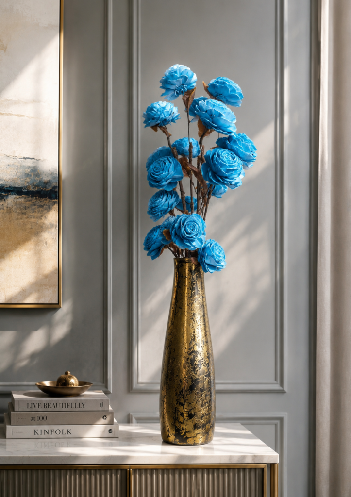 Handmade Wooden Flower Sticks – Premium Decorative Artificial Flowers (Without Vase) (5, Turkish Blue)